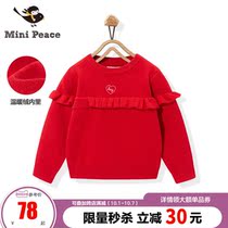 minipeace Taiping Bird childrens clothing girls winter red sweater plus velvet sweater sweet wooden ear