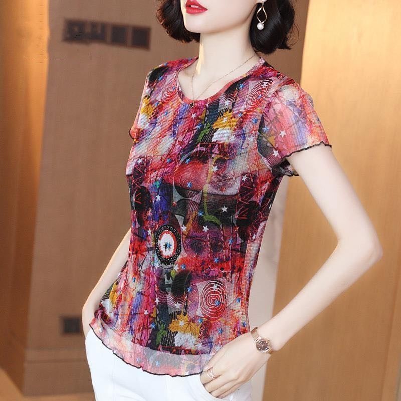 Printed Lace Shirt New Elastic Mesh Knit T-Shirt for Women Summer Round Neck Short Sleeve Slim Fit Elegant Faux Silk Top