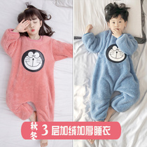  Childrens autumn pajamas one-piece 2-year-old autumn and winter thickened coral flannel baby middle and small children anti-kick men and women one-year-old