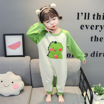 Childrens one-piece pajamas autumn female pure cotton baby spring and autumn class a cartoon animation anti-kick girl 2 years old three years old cute
