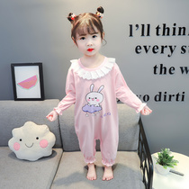 Childrens one-piece pajamas spring and autumn cartoon pure cotton medium and large virgin girl autumn pure cotton anime long-sleeved thin sleeping bag