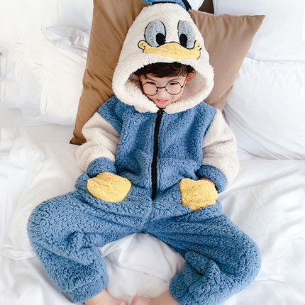 Children's coral velvet one-piece pajamas Autumn and winter velvet thickened anti-kick flange cartoon animation in the big boy children
