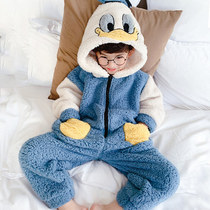  Childrens coral velvet one-piece pajamas autumn and winter plus velvet thickening anti-kick flange cartoon animation big boys and children