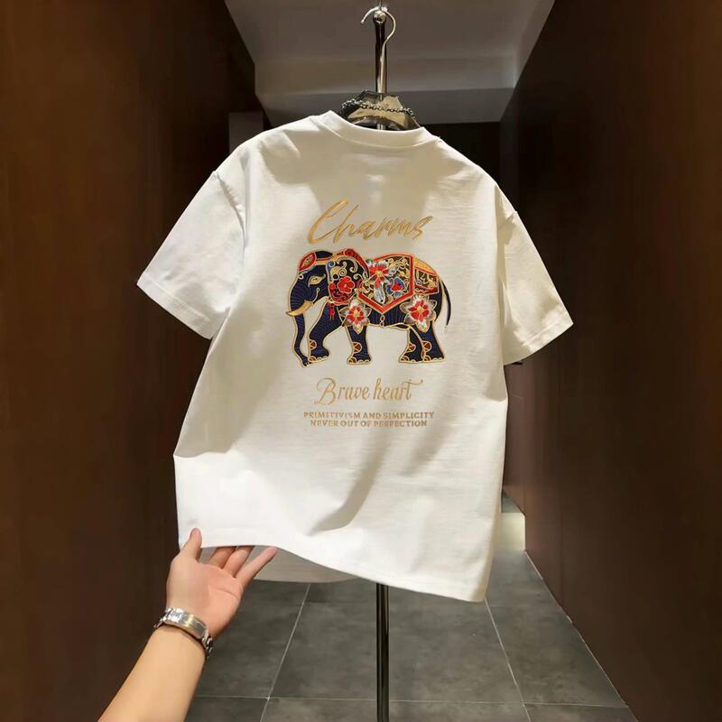 Hong Kong Trendy Brand Summer New Letter and Elephant Print Pure Cotton T-Shirt Men's Casual Half-Sleeve Pure Cotton Short-Sleeve Top