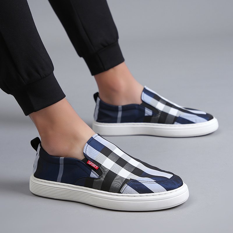 Loafers men's summer breathable 2021 new trend in England a pedal plaid canvas shoes blue slip-on shoes