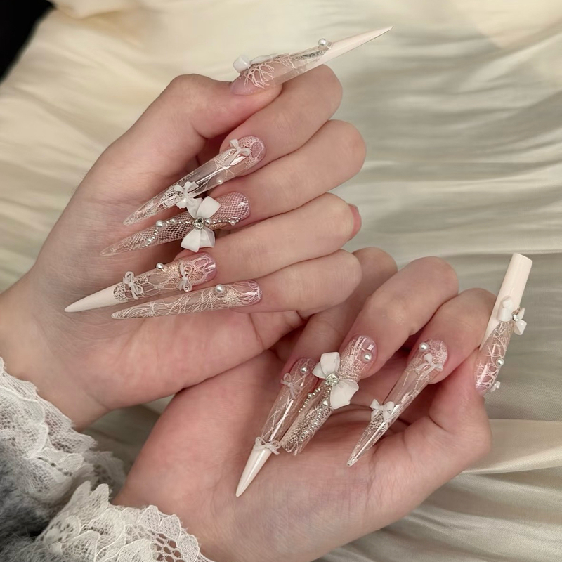 Purely Handmade Wearable Nails, Spring and Summer Long Style, High-End Luxury French Carved Design, Brightening Wedding Nails, Dazzling Detachable Nail Art Purely Handmade Wearable Nails, Spring and Summer Long Style, High-End Luxury French Carved Design, Brightening Wedding Nails, Dazzling Detachable Nail Art