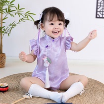 One-year-old baby girl dress 2024 summer new style mulberry silk new Chinese style jade rabbit Chinese style purple clutch Zhou Hayi