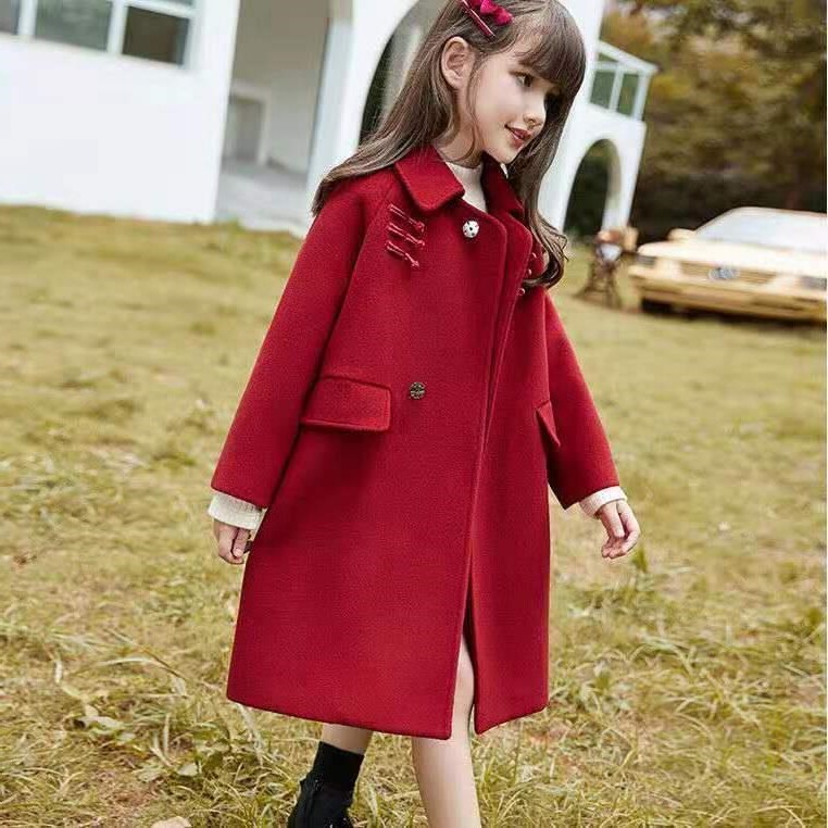 Girls' woolen coat 2022 Western style woolen coat mid-length version red Chinese New Year clothes winter thickened big girl