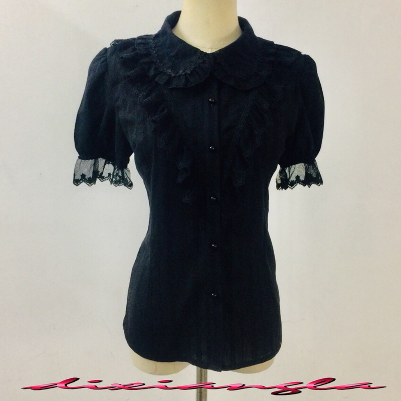 Original Black and White 2021 Summer Pure Cotton Jacquard Doll Collar Lolita Inner Layer Ruffled Lace Lantern Short-Sleeve Base Shirt