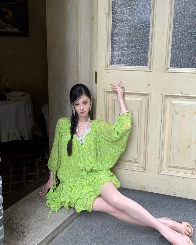 Runrunwseet "Midsummer Vine" Vacation Retro Green Sun-Protective Loose Batwing Sleeve Dress for Women Summer Runrunwseet "Midsummer Vine" Vacation Retro Green Sun-Protective Loose Batwing Sleeve Dress for Women Summer
