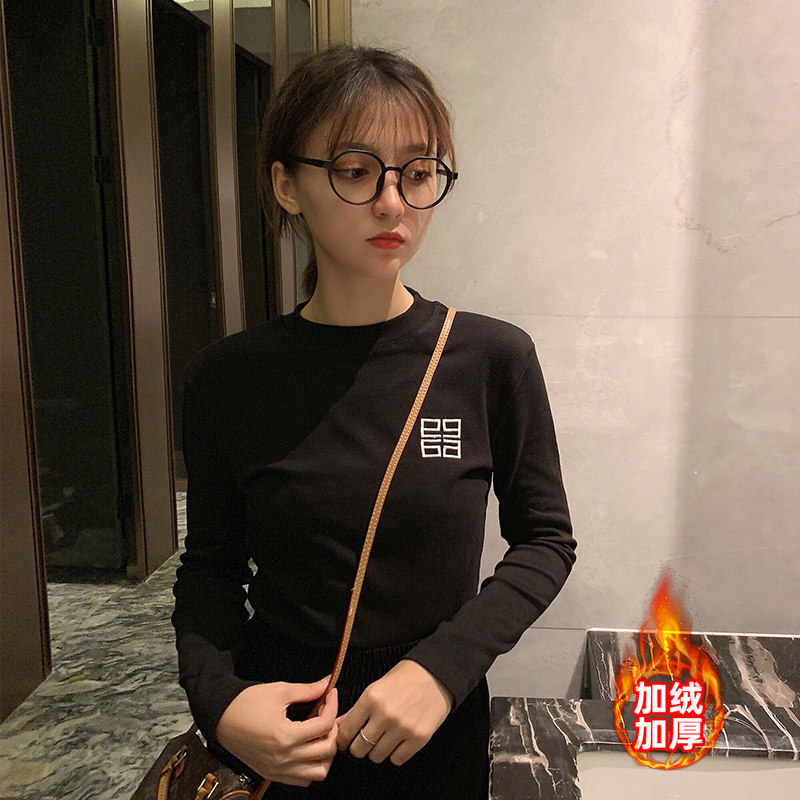 2021 spring new Korean version of women's simple slim thin creative embroidery round neck tie base shirt T-shirt women