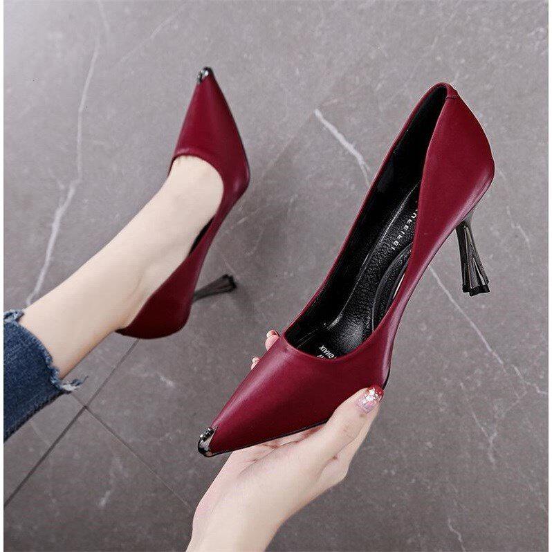 Online Red Sexy Heels 2019 Fall new Korean version 100 hitch to drill teenage girl fine and pointy bag shoes