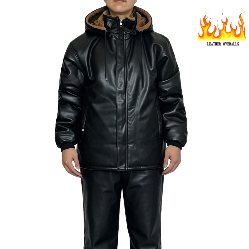 Men's Detachable Hooded Leather Jacket Set, Fleece-Lined, Thickened, Warm, Windproof, Black Leather Pants and Jacket for Middle-Aged and Elderly, Suitable for Cycling and Cold Weather Men's Detachable Hooded Leather Jacket Set, Fleece-Lined, Thickened, Warm, Windproof, Black Leather Pants and Jacket for Middle-Aged and Elderly, Suitable for Cycling and Cold Weather
