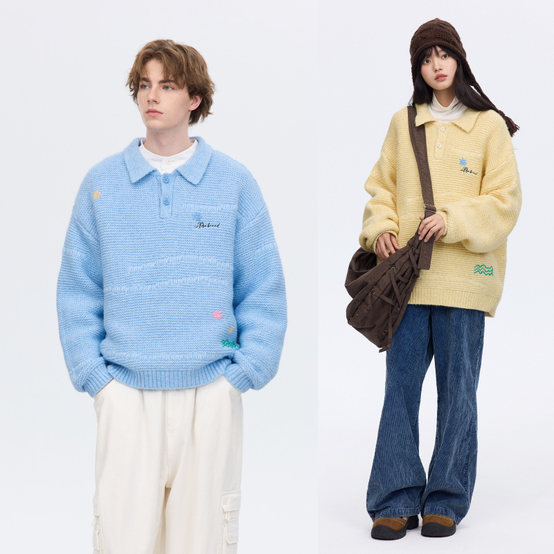 Pso Brand Men's and Women's Clothing, Spray Yarn, Cute Floral Pattern, Polo Collar Sweater, Spring & Fall Personalized Top
