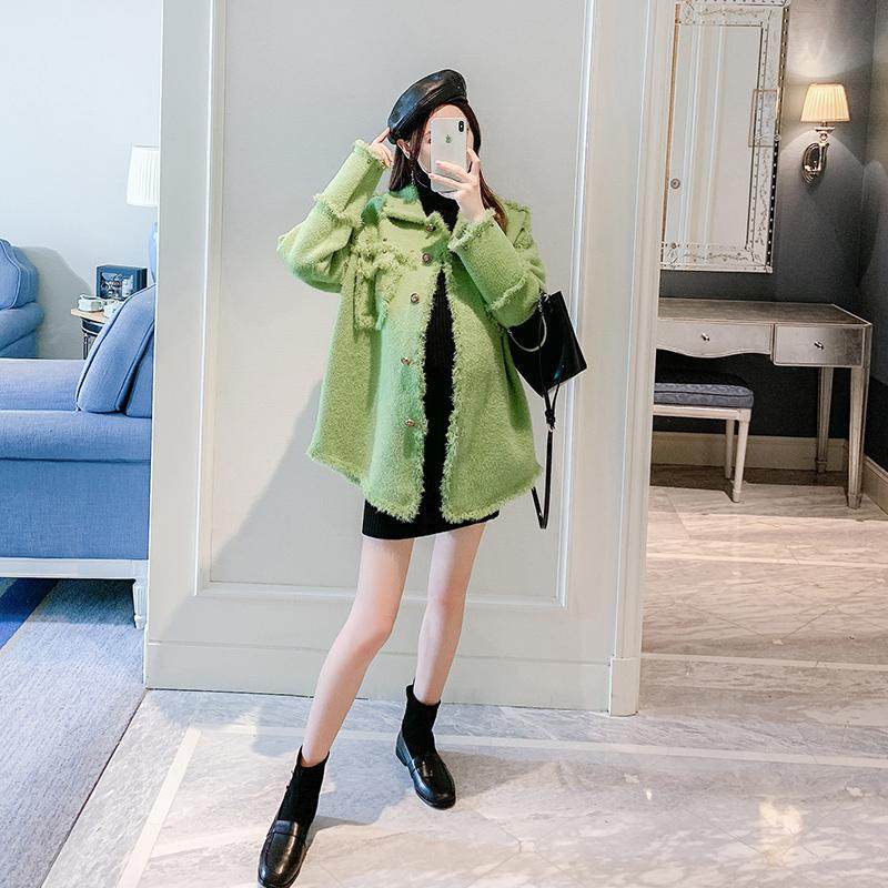 Maternity wear autumn and winter coat fashion wild net red top short bottoming two-piece green maternity suit