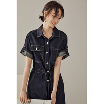 GGDZY dark blue denim dress dress woman autumn slim fit with small crowdfolded waist mid-length shirt skirt small