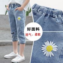 Girls Capri pants summer sports denim pants 2021 new summer pants big Children 7 girls foreign style thin