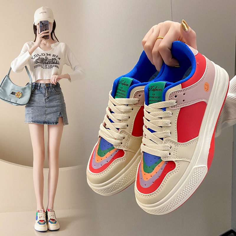 Trendy Women's Shoes Rainbow 2025 Spring White Sneakers Internet Celebrity Casual Sneakers Color-Blocking Leather Thick-Soled Fashion Shoes