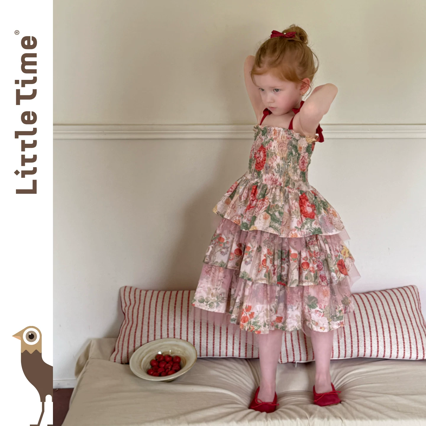 Платье принцессы для девочек LittleTime с бретелями, флористический узор, розовое многослойное платье с рюшами