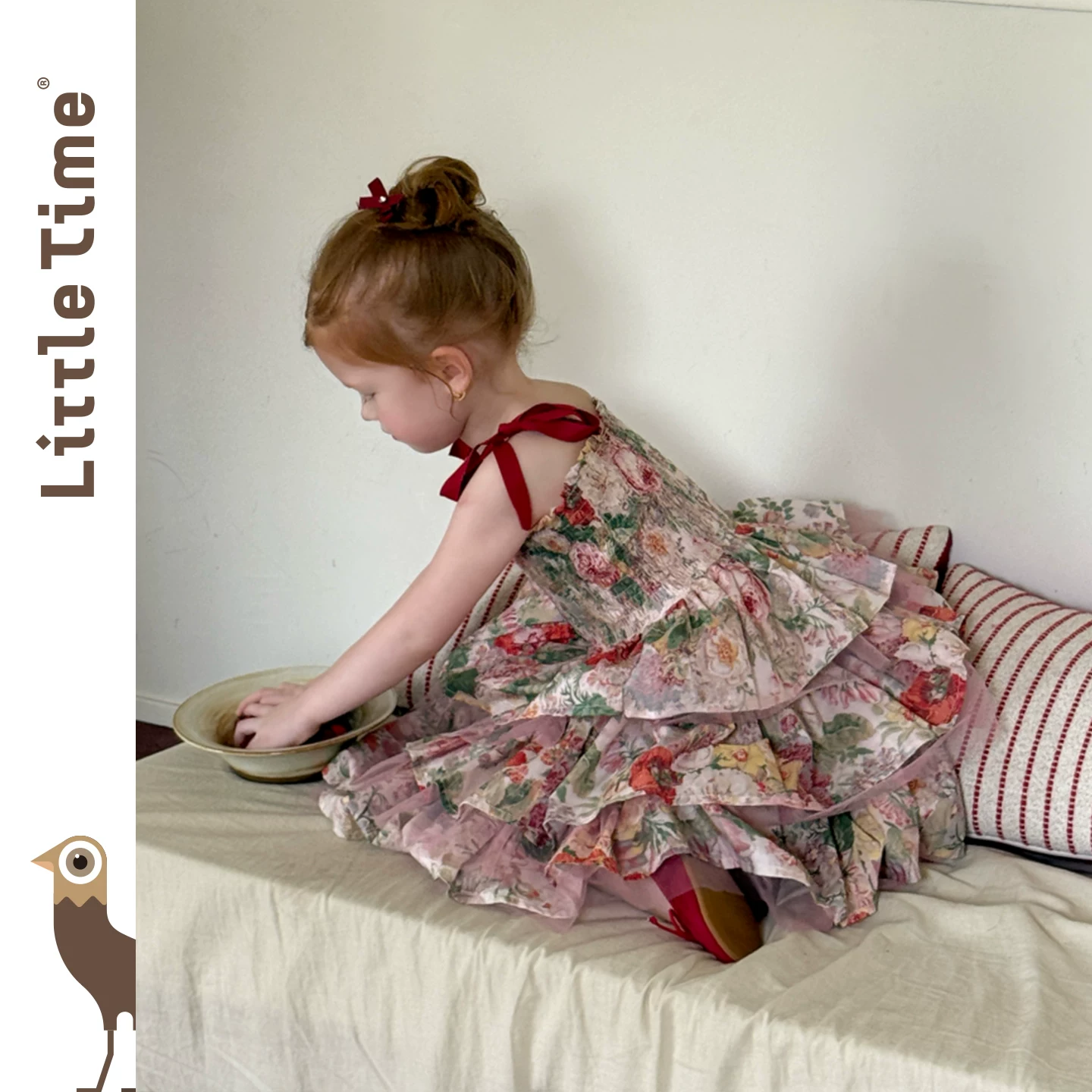 Платье принцессы для девочек LittleTime с бретелями, флористический узор, розовое многослойное платье с рюшами