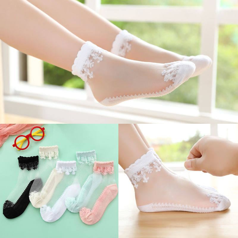 Children's socks summer thin girls mesh summer female cute breathable ultra-thin ice silk cotton crystal socks stockings