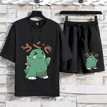 Summer ins Cartoon Sports Suit Men Tide Card Big Code Short Sleeve T-Shirt Loose Shorts Men Dress Set Mix with handsome
