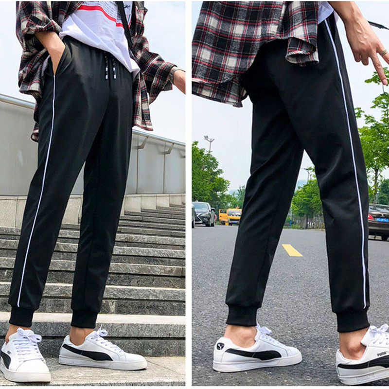 New Pint Together Bar Elementary School Students Bunches School Pants Men And Women Sports Pants White Fine Strips Long Pants Loose Close-up School Uniform Pants