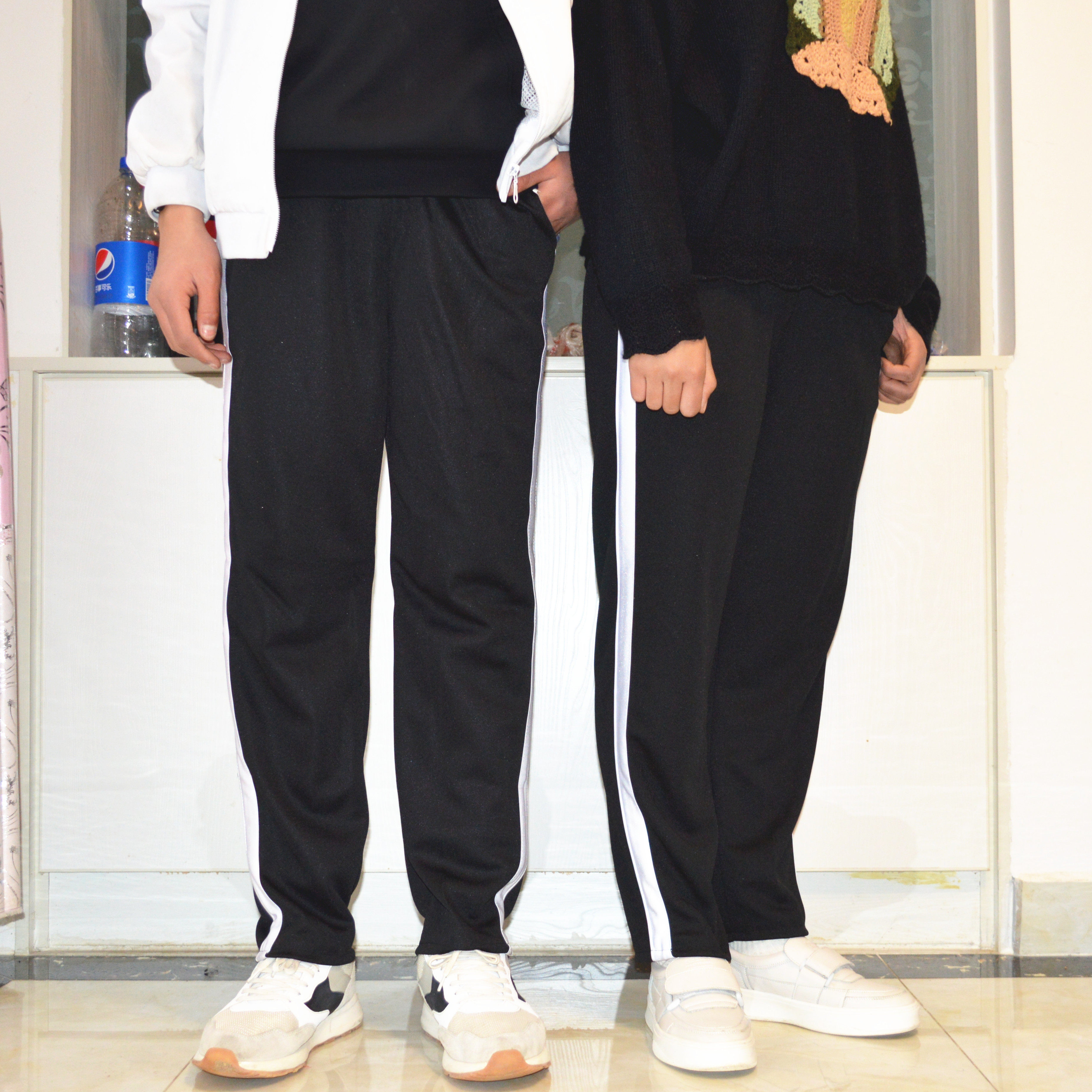 Spring and summer New products Men and women Straight cylinder tightness high school students wide white bar together bar Concealed Cyan Black School Pants