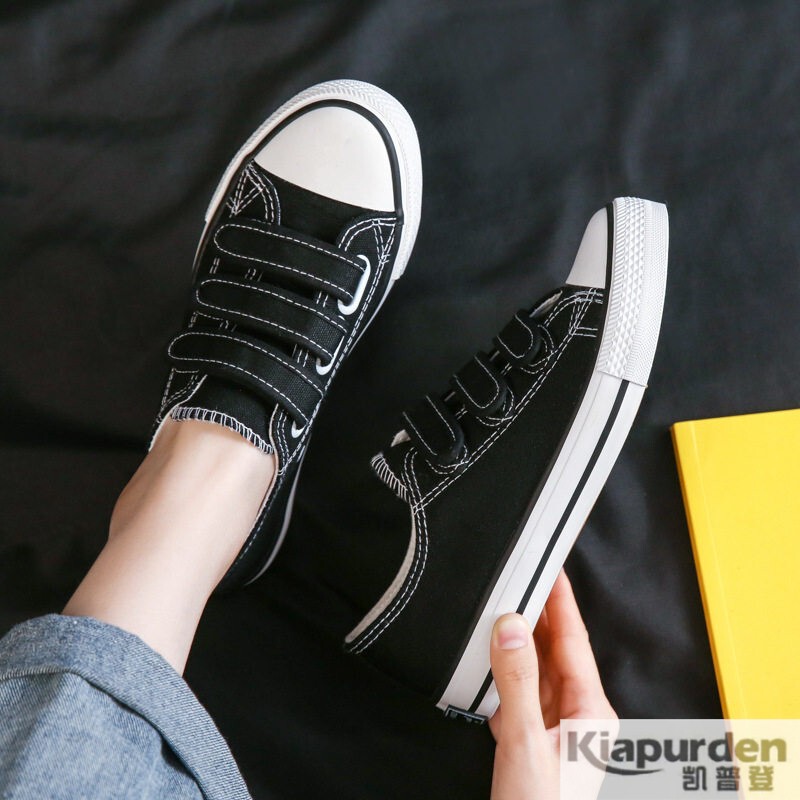 2026 New Style Velcro Black Shoes for Women, Summer Versatile Student Casual Flat White Hook-And-Loop Canvas Shoes