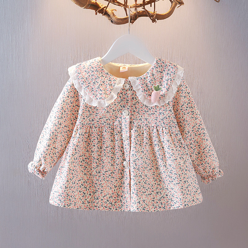 Female Baby Crushed Flowers Plus Suede Blouse Girl Winter Dress Shirt Boy Winter Shirt Autumn Winter Hit Bottom Baby Doll Shirt