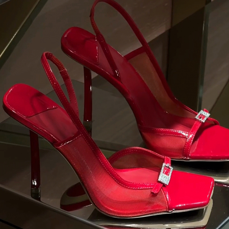 Sheepskin Version ~ Elegant Red Mesh One-Strap Open-Toe Sandals for Women, Stunning and Sexy Square-Toe Stiletto High Heels Sheepskin Version ~ Elegant Red Mesh One-Strap Open-Toe Sandals for Women, Stunning and Sexy Square-Toe Stiletto High Heels