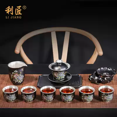 Lijiang 999 sterling silver tea set set Enamel color ceramic handmade gilt silver set Kung Fu tea set household cover bowl