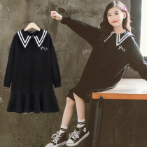 Girls dress 2022 new autumn clothing net red ocean gas long sleeve 12 year old child skirt long with knee navy wind