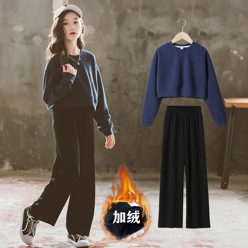 Girl Wide Leg Pants Suit 2020 New Winter Dress Plus Suede Thickened Warm 12 Year Old Girl Korea Children Two Sets
