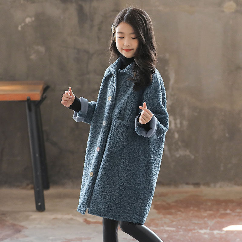 Girls' lamb wool coat spring trendy style Internet celebrity medium and long style foreign style fur one medium and big children's buckskin velvet