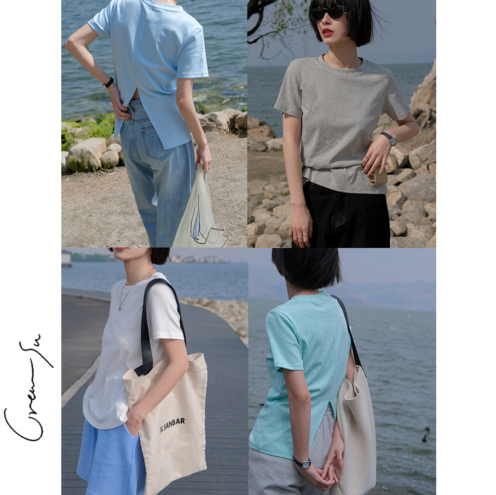 Creamsu narrates the homemade short - sleeved t - shirt women in summer design sense of niche open fork leisure tops