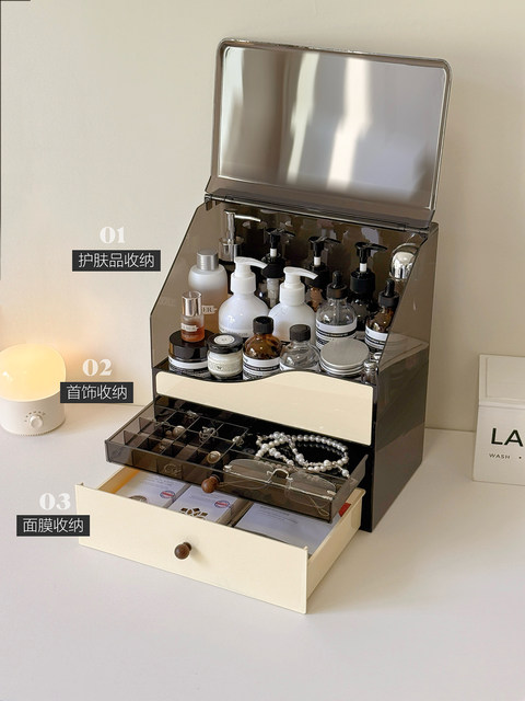 Cosmetic Storage Box, Desktop High-End Drawer-Type Dressing Table, Skin Care Product Storage Rack, Jewelry Box with Lid, Dust-Proof