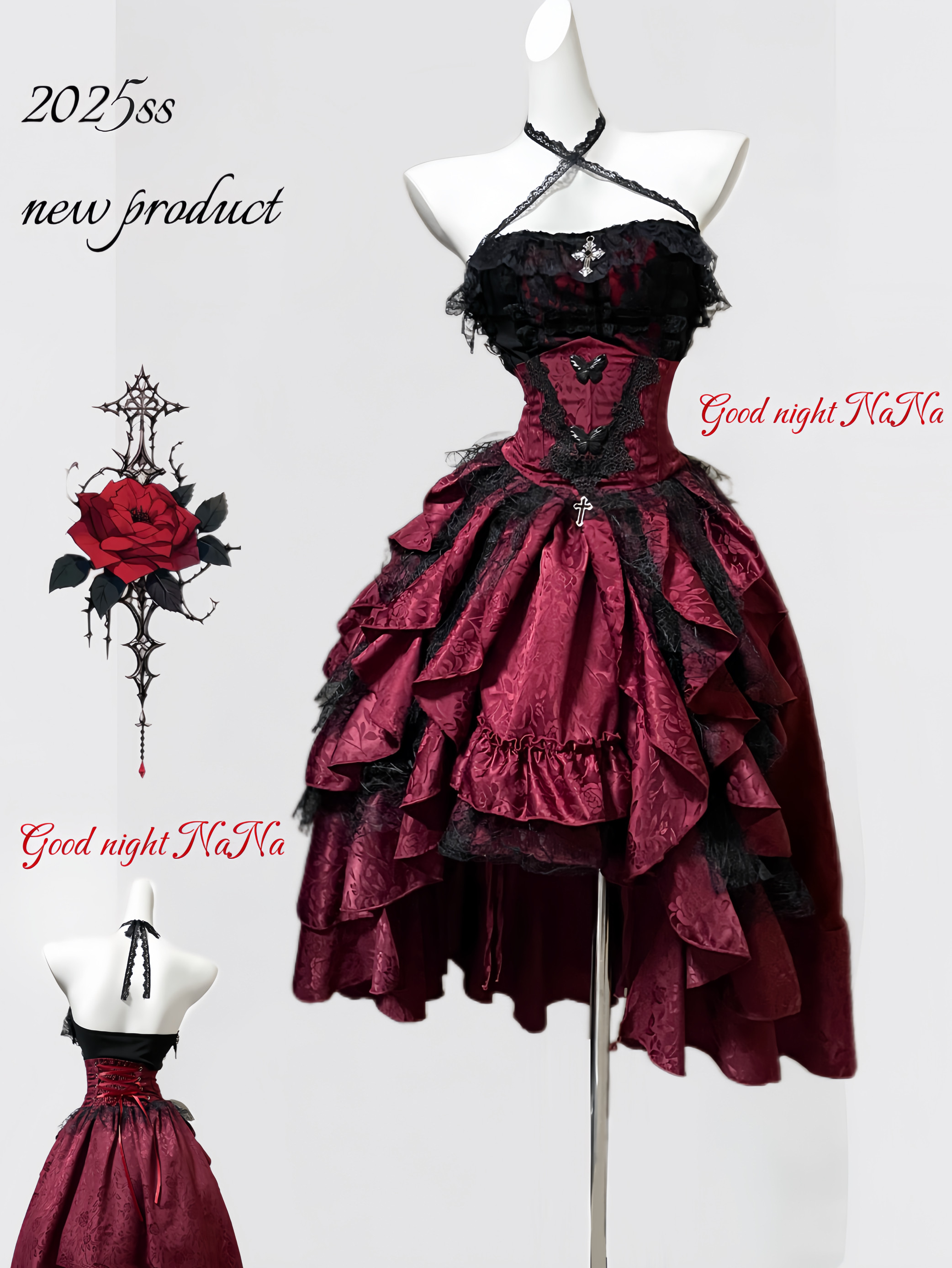 【Goodnight NANA】Rose Manor Dark Gothic Style Gothic Red Halter Neck Dress | Sold Out
