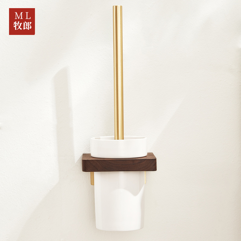 Mu Lang light luxury real wooden horse barrel brush rack Wall-mounted toilet powder room toilet cleaning brush tray shelf set