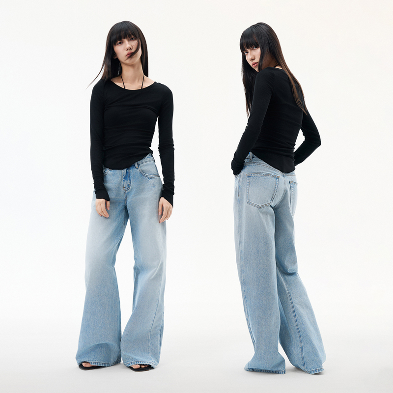 Dusklit Yufeng Blue Straight-Leg Loose Mid-Waist Light Blue Jeans Washed and Distressed Women's Summer Wide-Leg Pants
