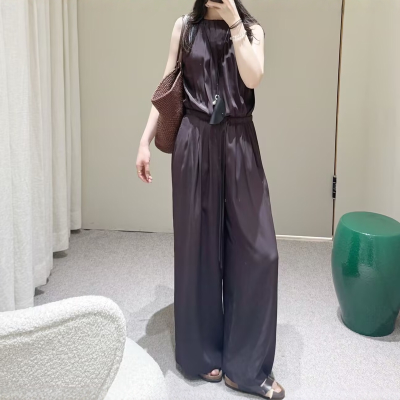 Shejia Ed Backless Jumpsuit Loose Wide-Leg Pants 26 Summer New Style Sleeveless Waist-Cinching Silk Jumpsuit