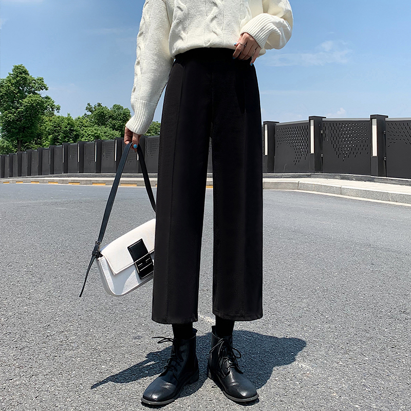 Wide leg pants women's drooping feeling autumn and winter thickened loose show thin nine point daddy tweed pants winter thick pants