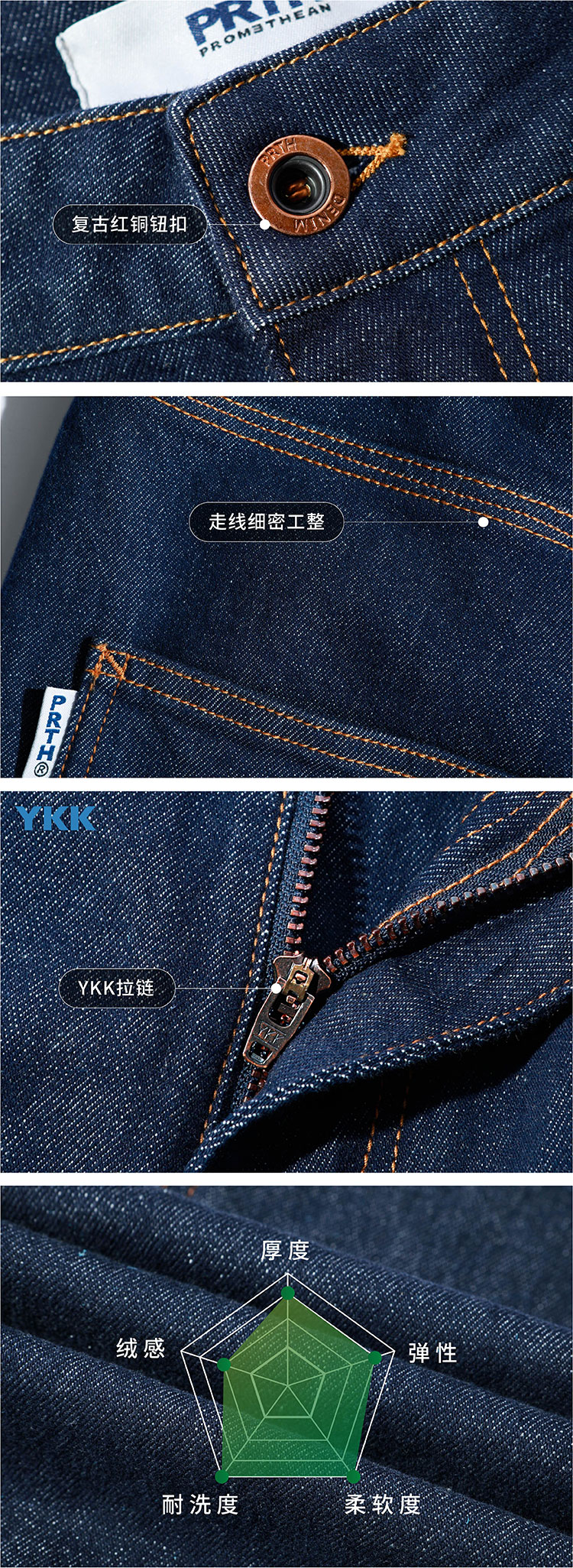 PRTH 美式经典不脱色纯棉牛仔裤简约拼接直筒裤 图8