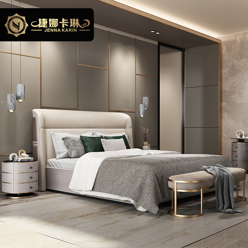 Italian light luxury leather bed net red soft bag solid wood bed post-modern master bedroom double bed simple luxury princess bed