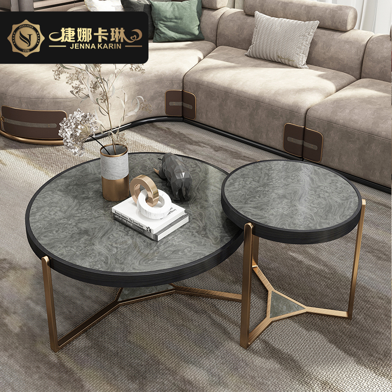Italian light luxury TV cabinet coffee table combination simple round marble coffee table high-end slate post-modern small set