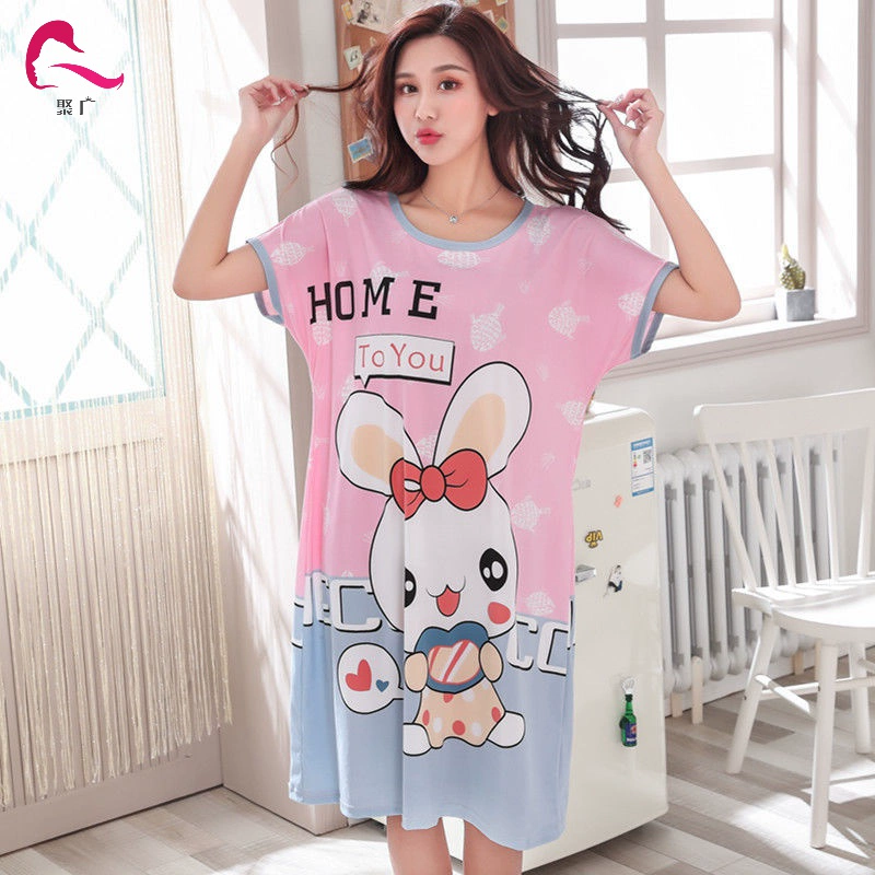 Váy ngủ nữ sinh phiên bản Hàn Quốc dễ thương rộng rãi size lớn mùa hè bộ đồ ngủ cotton ngắn tay nữ cảm giác dài trung phục vụ tại nhà - Giải trí mặc / Mum mặc