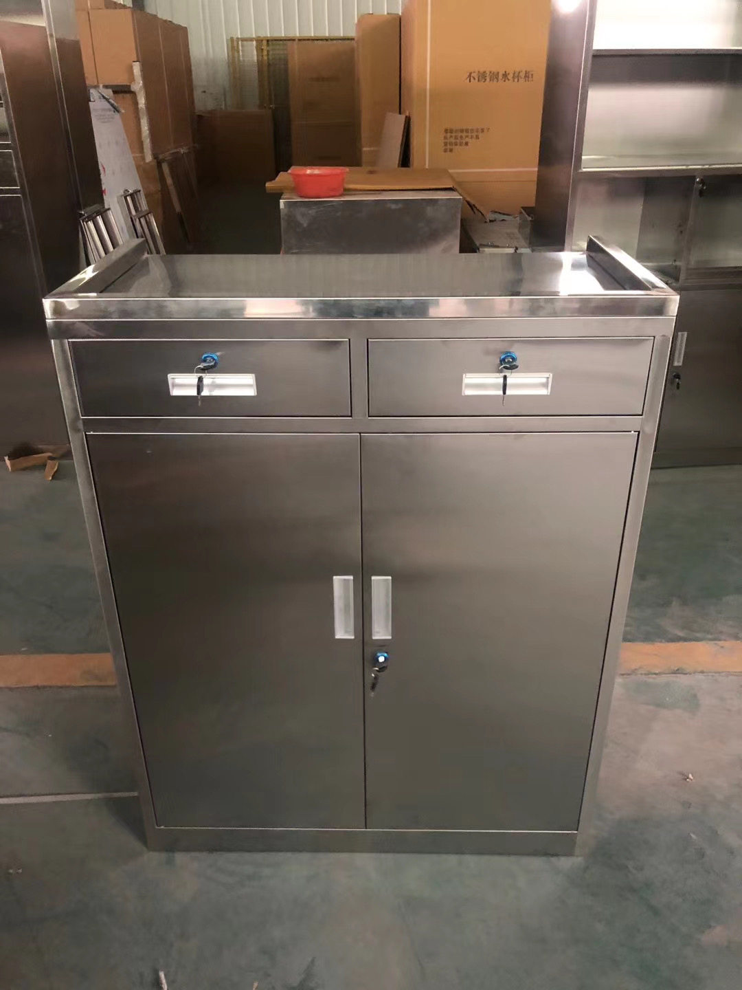 定制304不锈钢中二斗矮柜抽屉储物柜双门带锁文件柜工具柜加厚