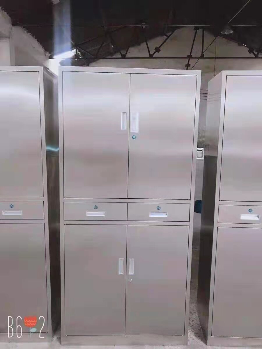 厂家定制304不锈钢中二斗对开门文件柜办公室抽屉带锁储物柜加厚