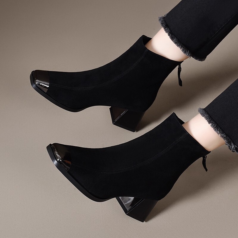 Brand Clearance Chunky Heel Martin Boots for Women, Stylish Square Toe Sock Boots, Winter Fleece-Lined High-Heeled Short Boots, Versatile Slim Boots