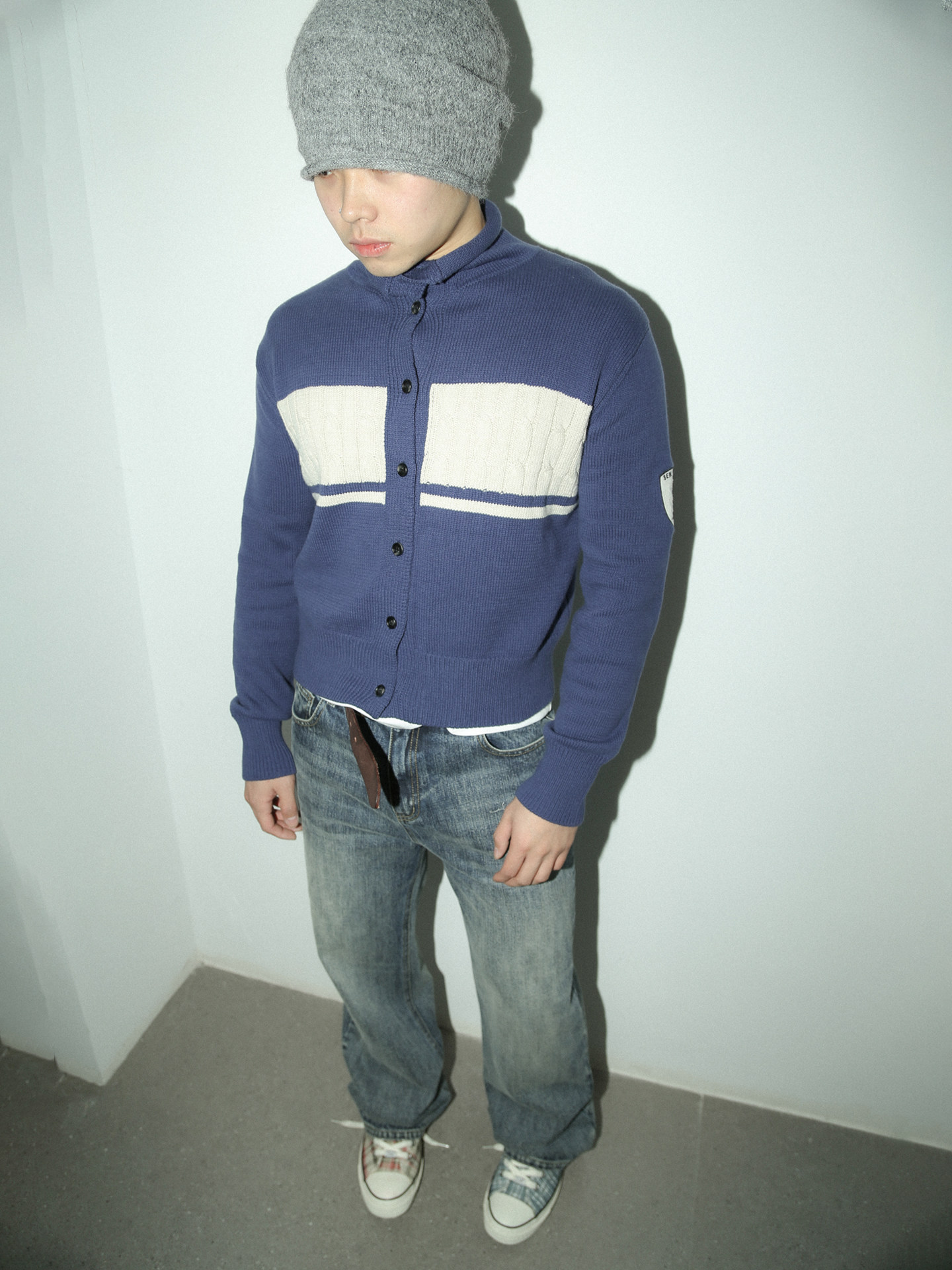 TREclub 300g Blue White Cable Knit Half Turtleneck Sweater
